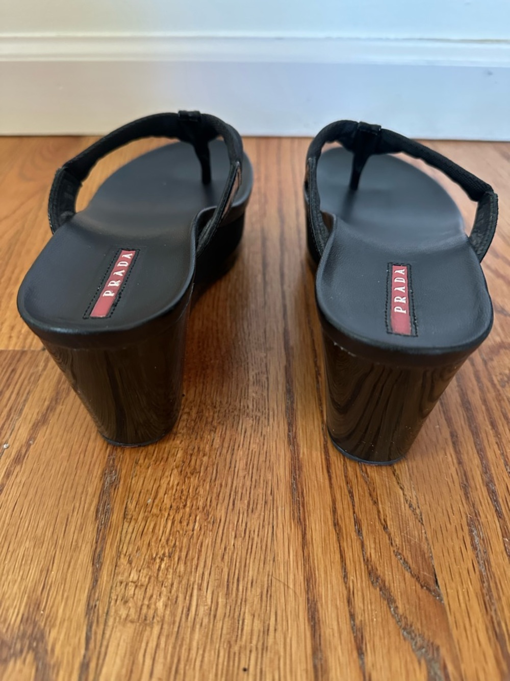 Prada Black Wedge Thong Sandals with Logo Plaque - Picture 4 of 6